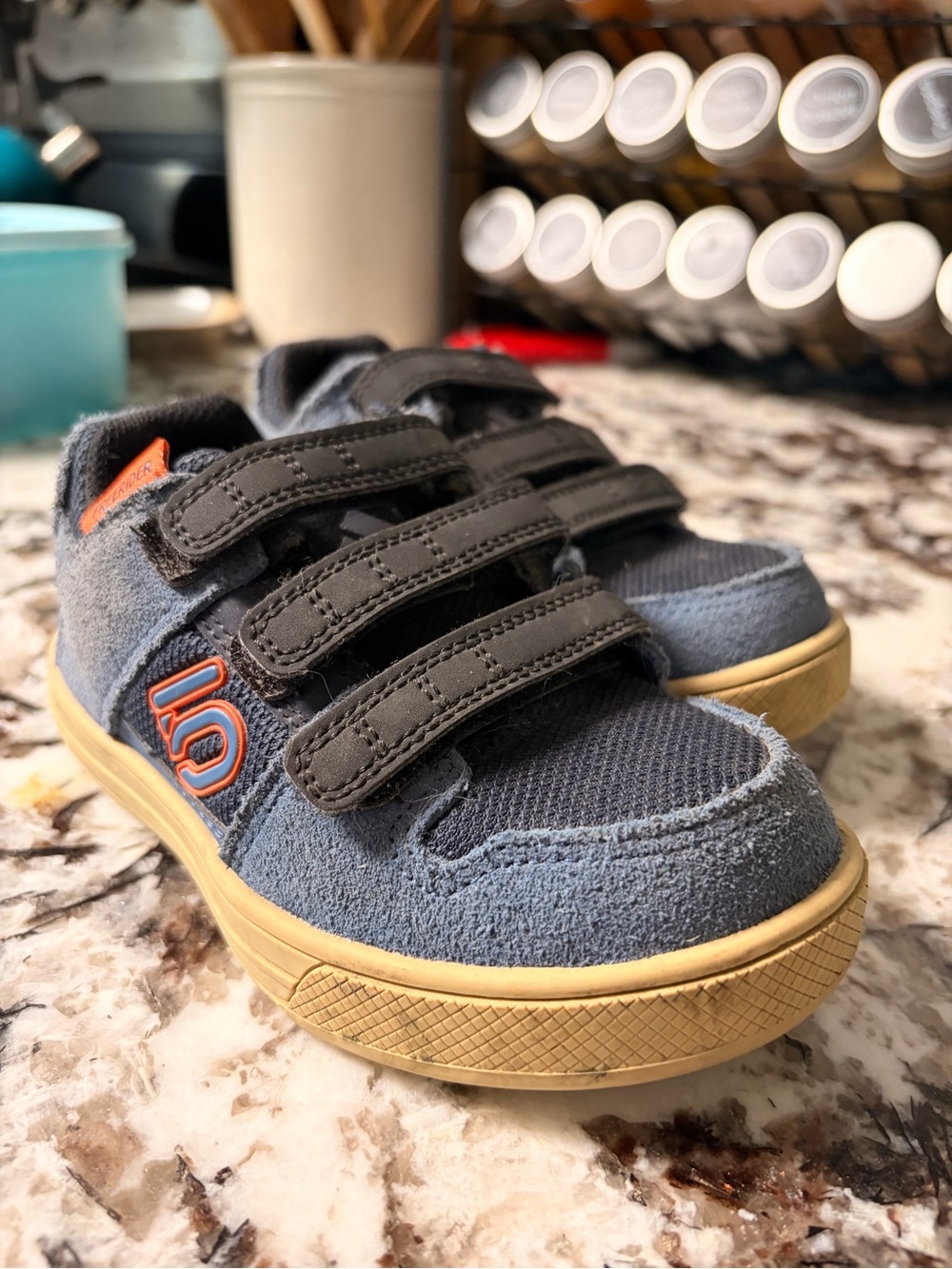 Kids Gray-Blue Velcro Skate Sneakers with Orange Accent